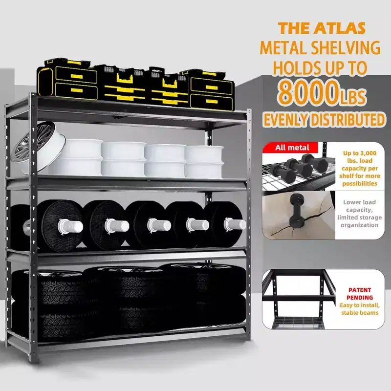 Estantería Atlas de 4 niveles 72"x24"x72" de servicio pesado para garaje, capacidad de carga 8000lbs, acabado martillado: almacenamiento utilitario de acero, estantes ajustables