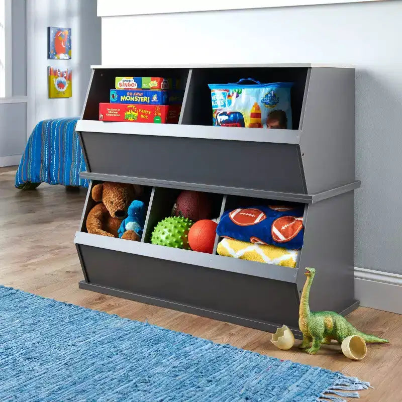 Badger Basket Cubículo de Almacenamiento Apilable de 3 Contenedores, Madera Veteada en Carbón/Gris: Estantería de Juguetes de MDF, Parte Trasera Cerrada, Capacidad de 80 lb