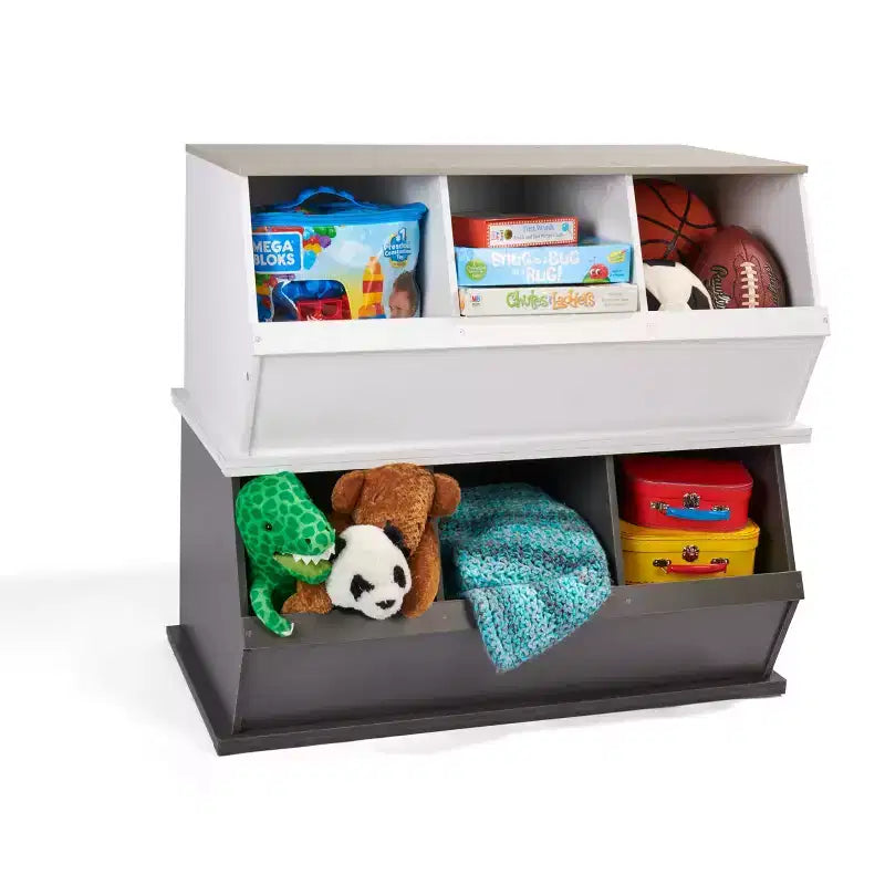 Badger Basket Cubículo de Almacenamiento Apilable de 3 Contenedores, Madera Veteada en Carbón/Gris: Estantería de Juguetes de MDF, Parte Trasera Cerrada, Capacidad de 80 lb