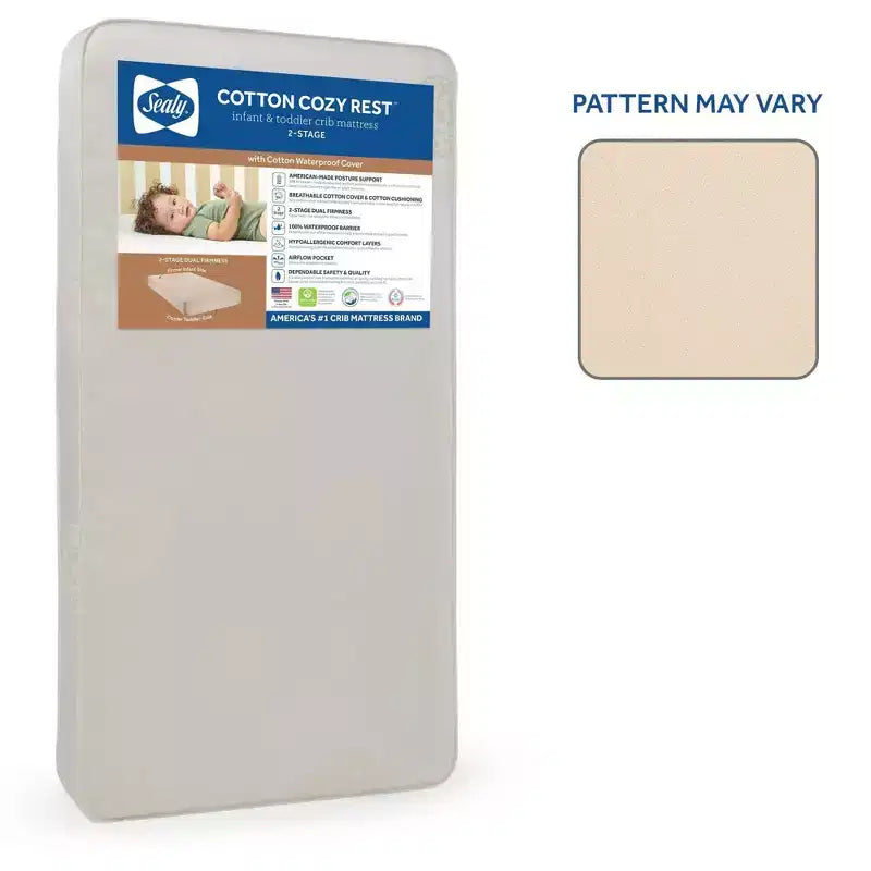 Colchón de cuna y niño pequeño de 2 etapas Sealy Cotton Cozy Rest: Hipoalergénico, funda impermeable, firme, 5.5" de grosor