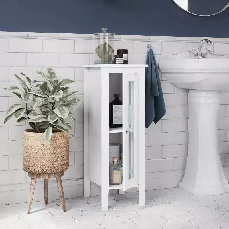 Armario organizador estrecho RiverRidge Prescott de una sola puerta para baño y lavadero con estantes ajustables - Blanco