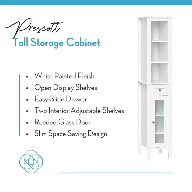 Mueble alto de almacenamiento para baño RiverRidge Prescott, organizador con cajón, puerta de vidrio y estantes - Blanco