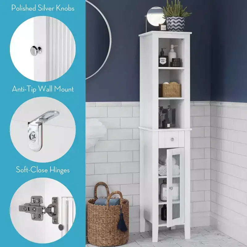 Mueble alto de almacenamiento para baño RiverRidge Prescott, organizador con cajón, puerta de vidrio y estantes - Blanco