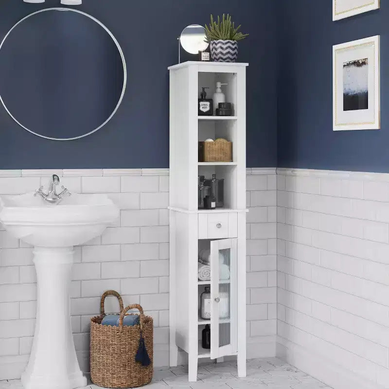 Mueble alto de almacenamiento para baño RiverRidge Prescott, organizador con cajón, puerta de vidrio y estantes - Blanco