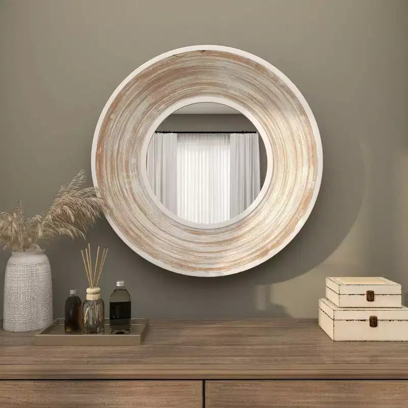 Espejo de pared de madera de 35"x35" con efecto lavado blanco crema - Olivia & May: No requiere montaje, marco de MDF, uso en interiores