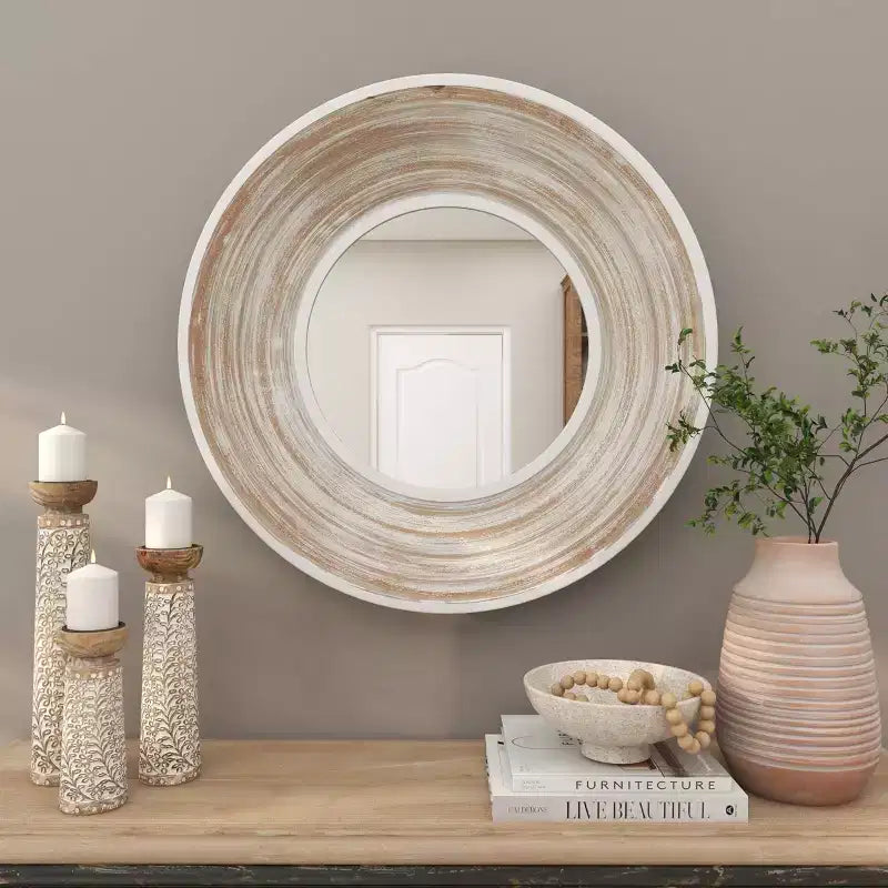 Espejo de pared de madera de 35"x35" con efecto lavado blanco crema - Olivia & May: No requiere montaje, marco de MDF, uso en interiores