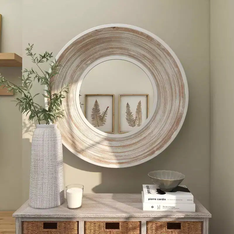 Espejo de pared de madera de 35"x35" con efecto lavado blanco crema - Olivia & May: No requiere montaje, marco de MDF, uso en interiores