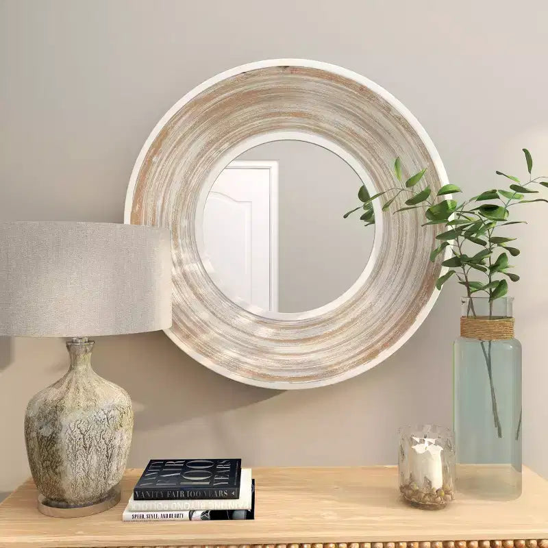 Espejo de pared de madera de 35"x35" con efecto lavado blanco crema - Olivia & May: No requiere montaje, marco de MDF, uso en interiores
