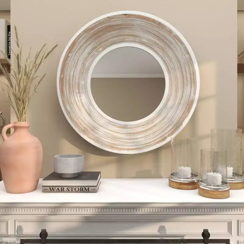Espejo de pared de madera de 35"x35" con efecto lavado blanco crema - Olivia & May: No requiere montaje, marco de MDF, uso en interiores