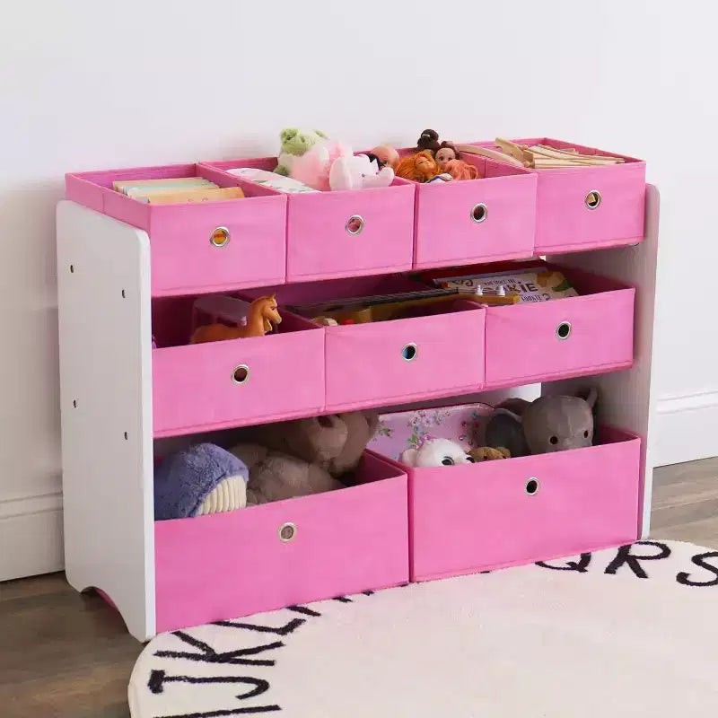 Organizador de Almacenamiento de Juguetes para Niños con 9 Contenedores de Tela Plegables Blanco/Rosa - Humble Crew: Estantería de MDF para la Organización de Juguetes