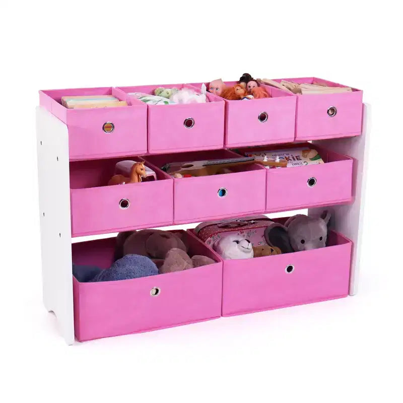 Organizador de Almacenamiento de Juguetes para Niños con 9 Contenedores de Tela Plegables Blanco/Rosa - Humble Crew: Estantería de MDF para la Organización de Juguetes