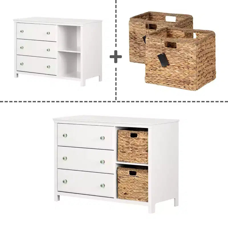 Balka Cómoda de 3 cajones con cestas para niños, color blanco puro - South Shore: Cómodas para dormitorio, almacenamiento para niños pequeños, estilo rústico