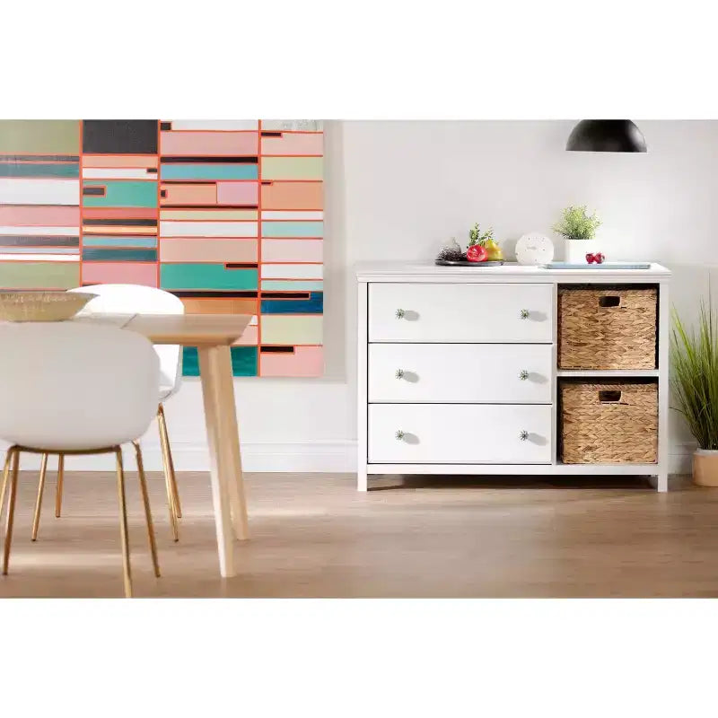 Balka Cómoda de 3 cajones con cestas para niños, color blanco puro - South Shore: Cómodas para dormitorio, almacenamiento para niños pequeños, estilo rústico