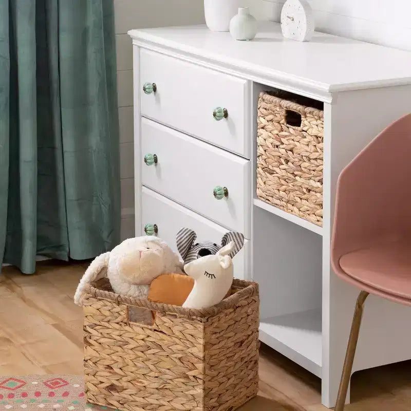 Balka Cómoda de 3 cajones con cestas para niños, color blanco puro - South Shore: Cómodas para dormitorio, almacenamiento para niños pequeños, estilo rústico