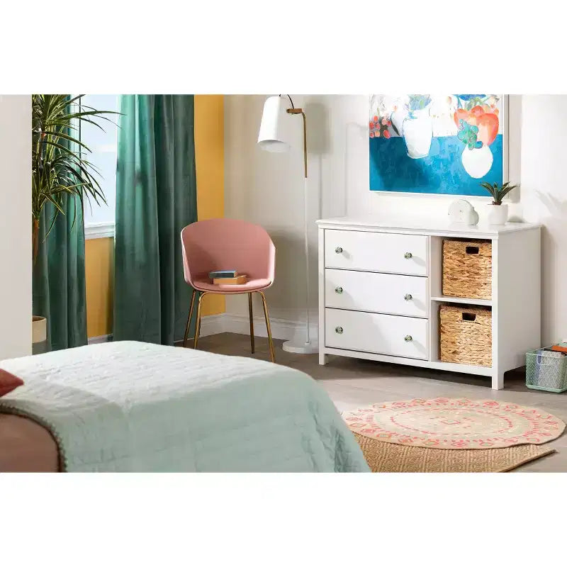 Balka Cómoda de 3 cajones con cestas para niños, color blanco puro - South Shore: Cómodas para dormitorio, almacenamiento para niños pequeños, estilo rústico