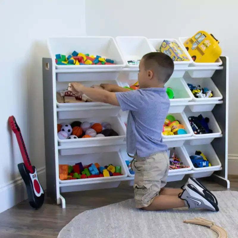 Organizador de juguetes Soho Kids con 16 contenedores de almacenamiento, gris/blanco - Humble Crew: estantes para contenedores de MDF, 4 estantes, accesorios antivuelco