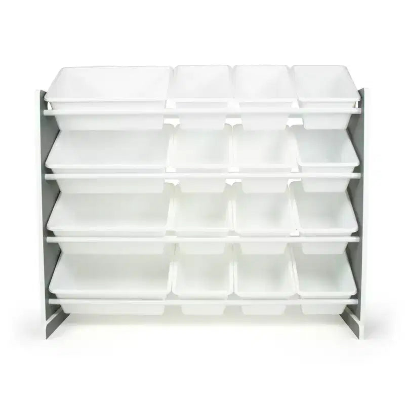 Organizador de juguetes Soho Kids con 16 contenedores de almacenamiento, gris/blanco - Humble Crew: estantes para contenedores de MDF, 4 estantes, accesorios antivuelco