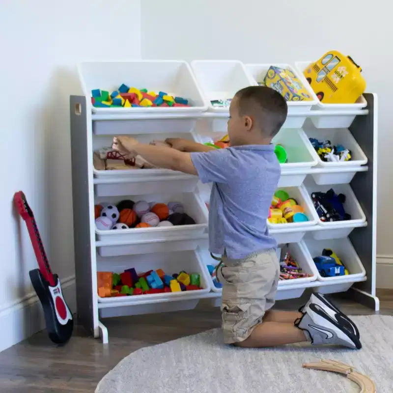 Organizador de juguetes Soho Kids con 16 contenedores de almacenamiento, gris/blanco - Humble Crew: estantes para contenedores de MDF, 4 estantes, accesorios antivuelco