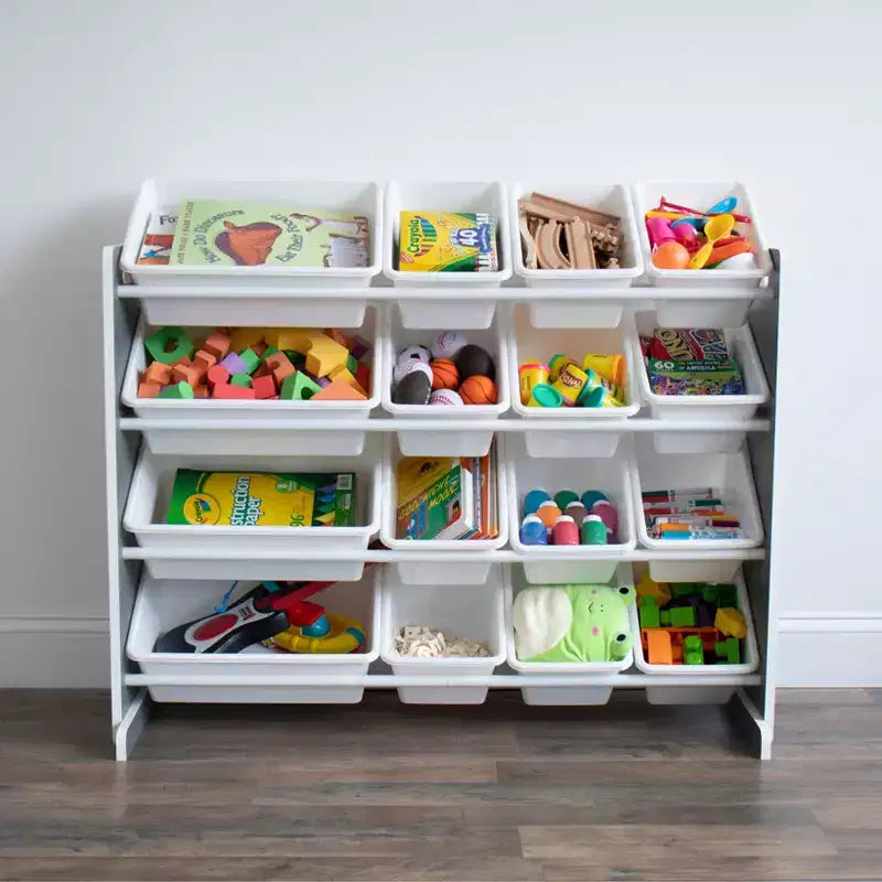 Organizador de juguetes Soho Kids con 16 contenedores de almacenamiento, gris/blanco - Humble Crew: estantes para contenedores de MDF, 4 estantes, accesorios antivuelco