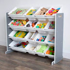 Organizador de juguetes Soho Kids con 16 contenedores de almacenamiento, gris/blanco - Humble Crew: estantes para contenedores de MDF, 4 estantes, accesorios antivuelco