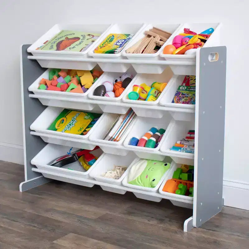 Organizador de juguetes Soho Kids con 16 contenedores de almacenamiento, gris/blanco - Humble Crew: estantes para contenedores de MDF, 4 estantes, accesorios antivuelco