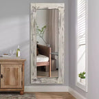 PexFix Espejo de cuerpo entero rectangular de madera maciza enmarcado estilo granja, 61 cm (24 in) de ancho x 147 cm (58 in) de alto, de apoyo, en blanco envejecido
