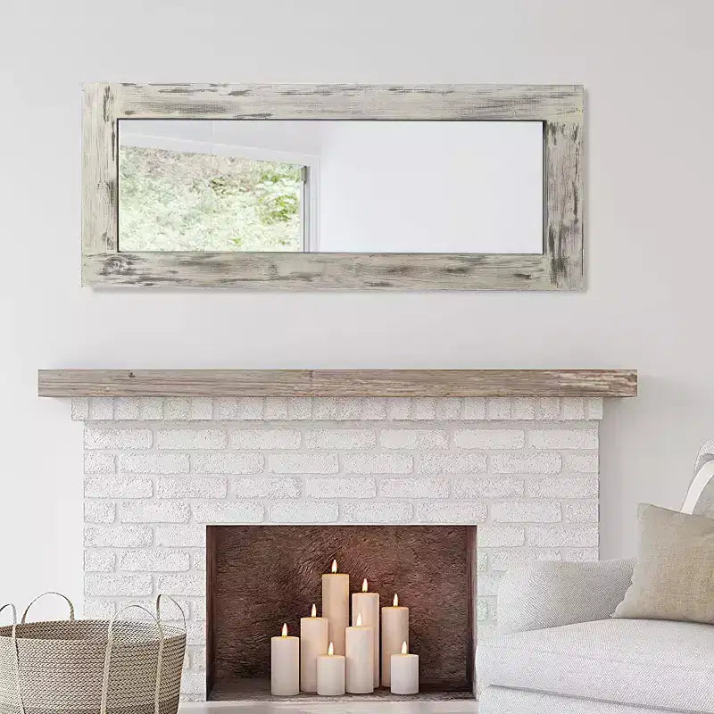 PexFix Espejo de cuerpo entero rectangular de madera maciza enmarcado estilo granja, 61 cm (24 in) de ancho x 147 cm (58 in) de alto, de apoyo, en blanco envejecido
