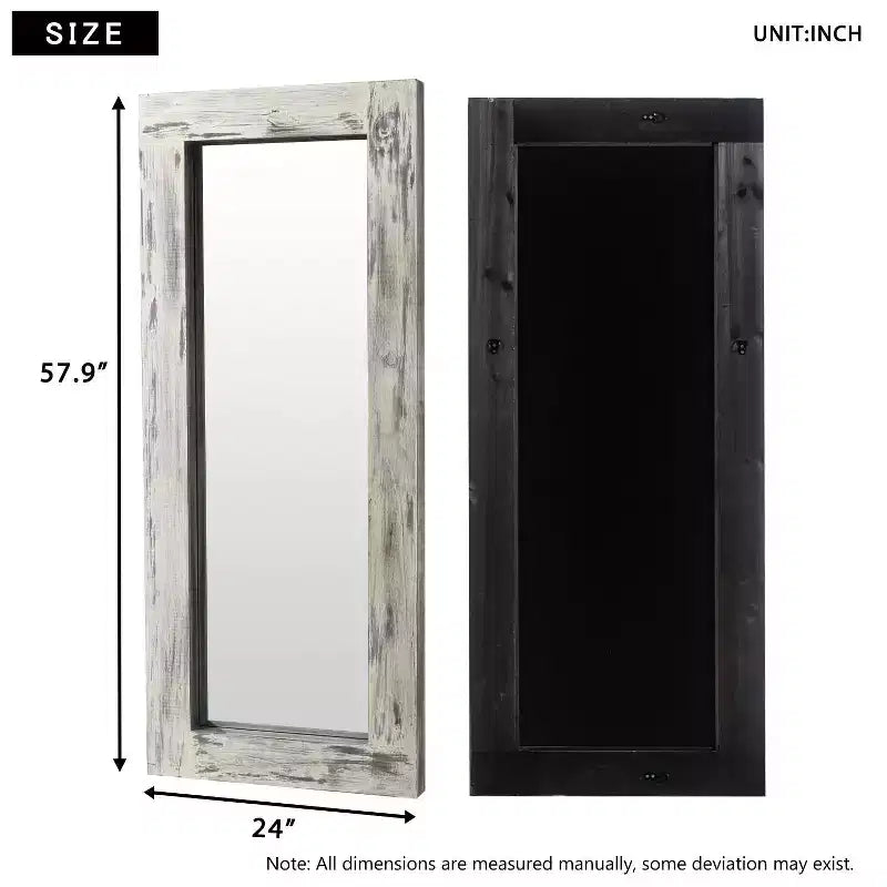 PexFix Espejo de cuerpo entero rectangular de madera maciza enmarcado estilo granja, 61 cm (24 in) de ancho x 147 cm (58 in) de alto, de apoyo, en blanco envejecido