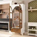 Armario vertical blanco Famapy, con diseño en relieve, puertas de cristal arqueadas, estanterías, vitrina y aparador.