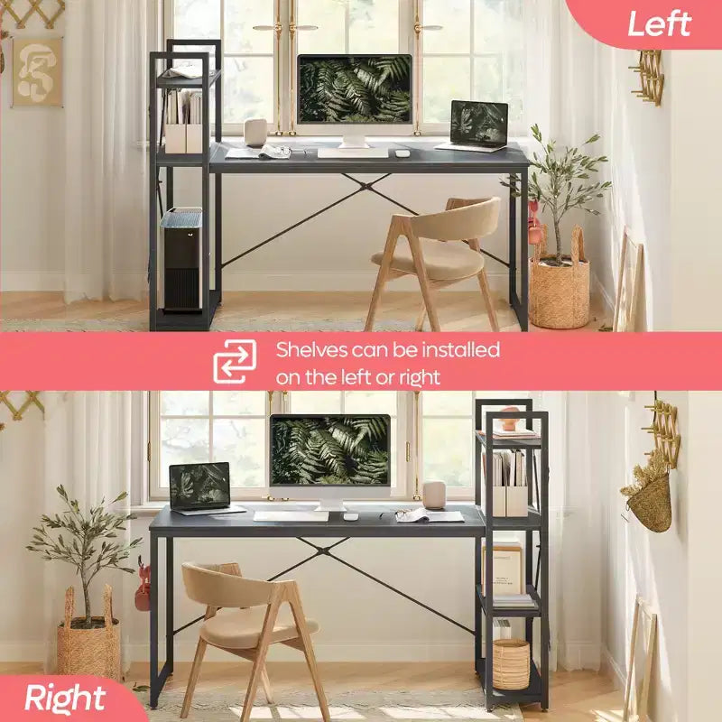 Bestier Escritorio para computadora de 63'' con almacenamiento en estantes y gancho para auriculares de roble, escritorio de oficina en casa con estantes de 4 niveles y patas ajustables y estantería reversible