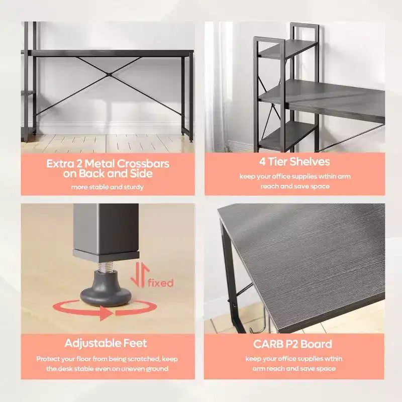 Bestier Escritorio para computadora de 63'' con almacenamiento en estantes y gancho para auriculares de roble, escritorio de oficina en casa con estantes de 4 niveles y patas ajustables y estantería reversible