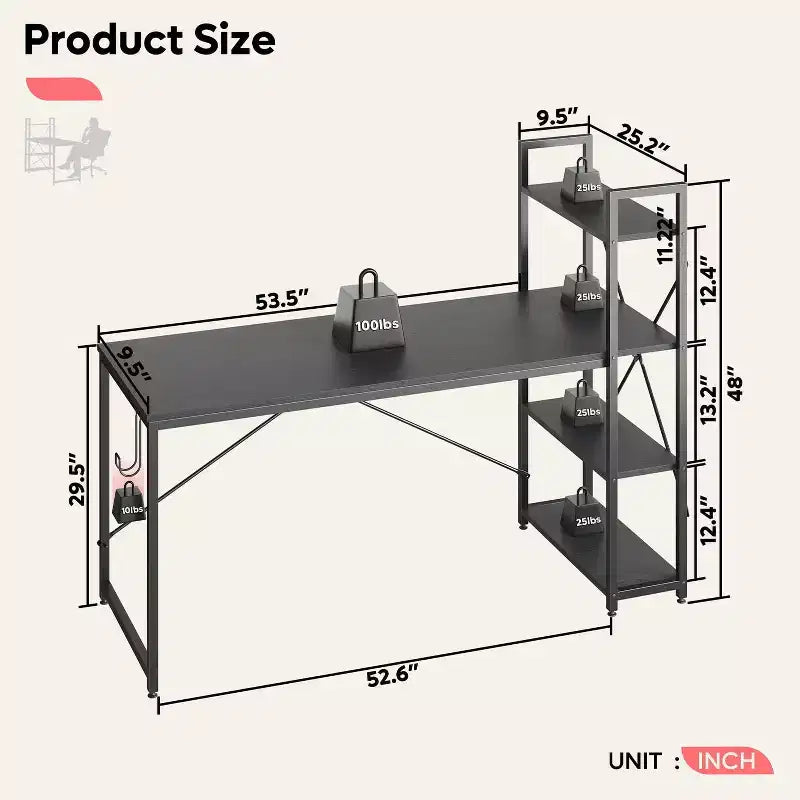 Bestier Escritorio para computadora de 63'' con almacenamiento en estantes y gancho para auriculares de roble, escritorio de oficina en casa con estantes de 4 niveles y patas ajustables y estantería reversible