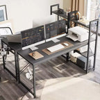 Bestier Escritorio para computadora de 63'' con almacenamiento en estantes y gancho para auriculares de roble, escritorio de oficina en casa con estantes de 4 niveles y patas ajustables y estantería reversible