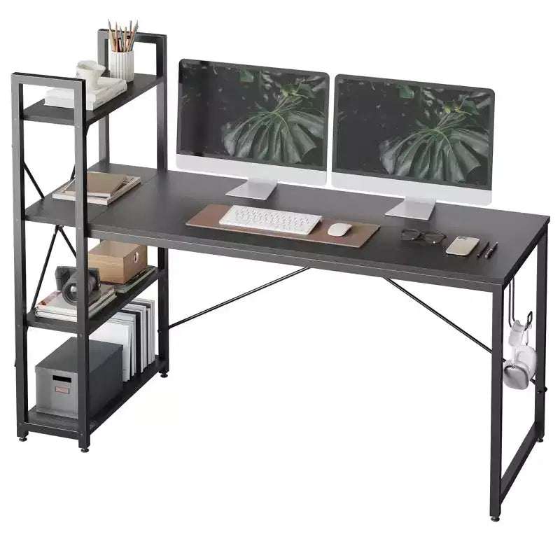 Bestier Escritorio para computadora de 63'' con almacenamiento en estantes y gancho para auriculares de roble, escritorio de oficina en casa con estantes de 4 niveles y patas ajustables y estantería reversible