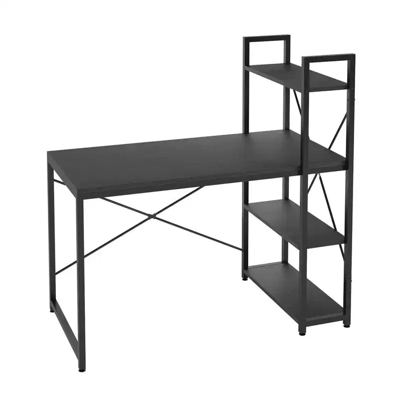 Bestier Escritorio para computadora de 63'' con almacenamiento en estantes y gancho para auriculares de roble, escritorio de oficina en casa con estantes de 4 niveles y patas ajustables y estantería reversible