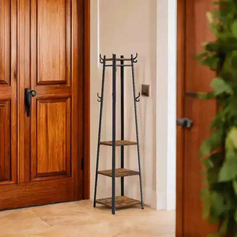Industrial Style Coat Rack with 3 Shelves and Hooks - Stylish Entryway Storage Solution for Coats, Bags, and Accessories