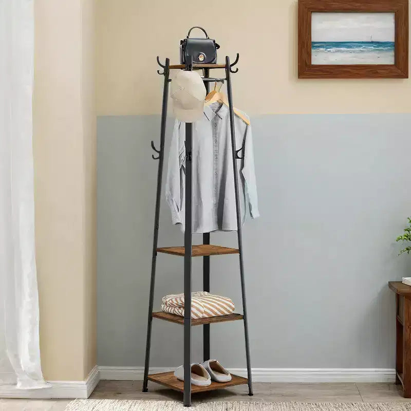 Perchero de estilo industrial con 3 estantes y ganchos - Elegante solución de almacenamiento para abrigos, bolsos y accesorios en la entrada