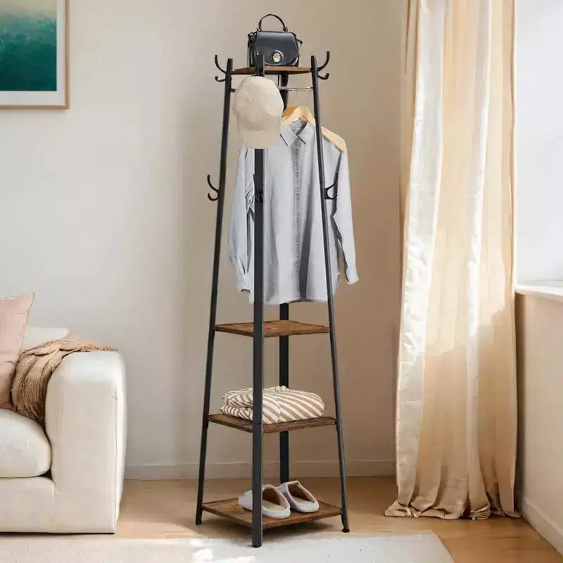 Perchero de estilo industrial con 3 estantes y ganchos - Elegante solución de almacenamiento para abrigos, bolsos y accesorios en la entrada