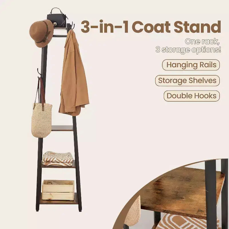 Perchero de estilo industrial con 3 estantes y ganchos - Elegante solución de almacenamiento para abrigos, bolsos y accesorios en la entrada