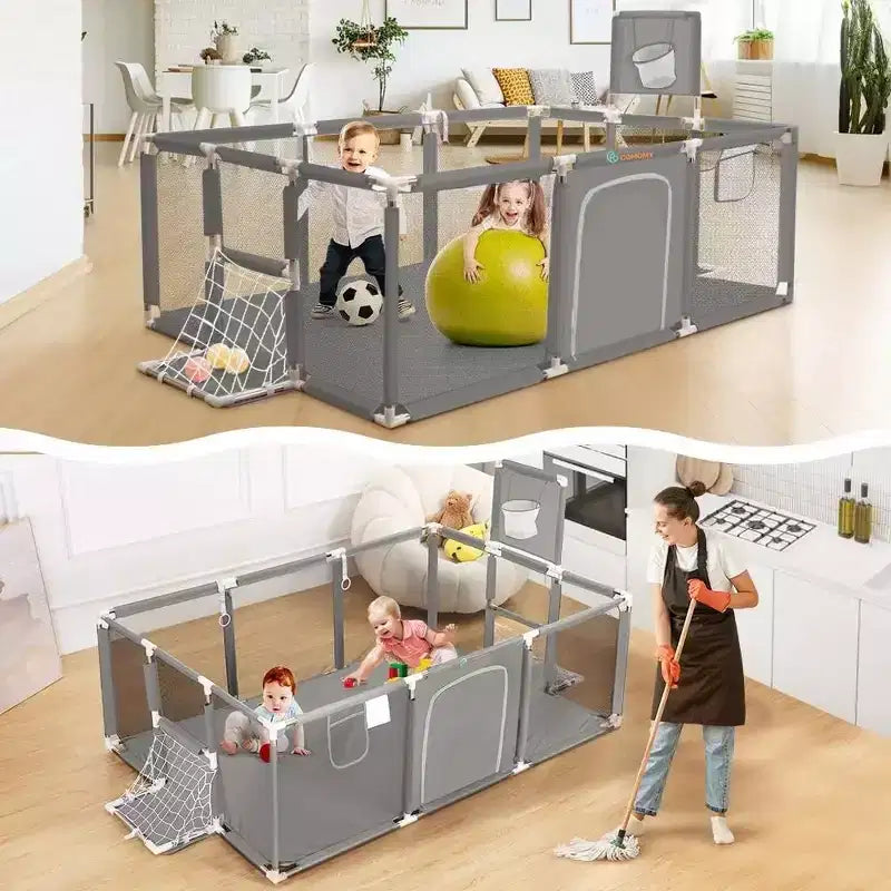 GOTGELIF Parque de juegos portátil de 4 paneles para bebés de 71x48 con canasta de baloncesto
