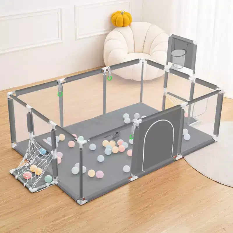 GOTGELIF Parque de juegos portátil de 4 paneles para bebés de 71x48 con canasta de baloncesto