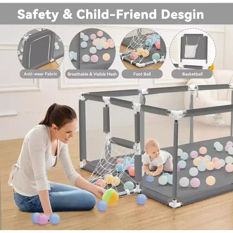GOTGELIF Parque de juegos portátil de 4 paneles para bebés de 71x48 con canasta de baloncesto