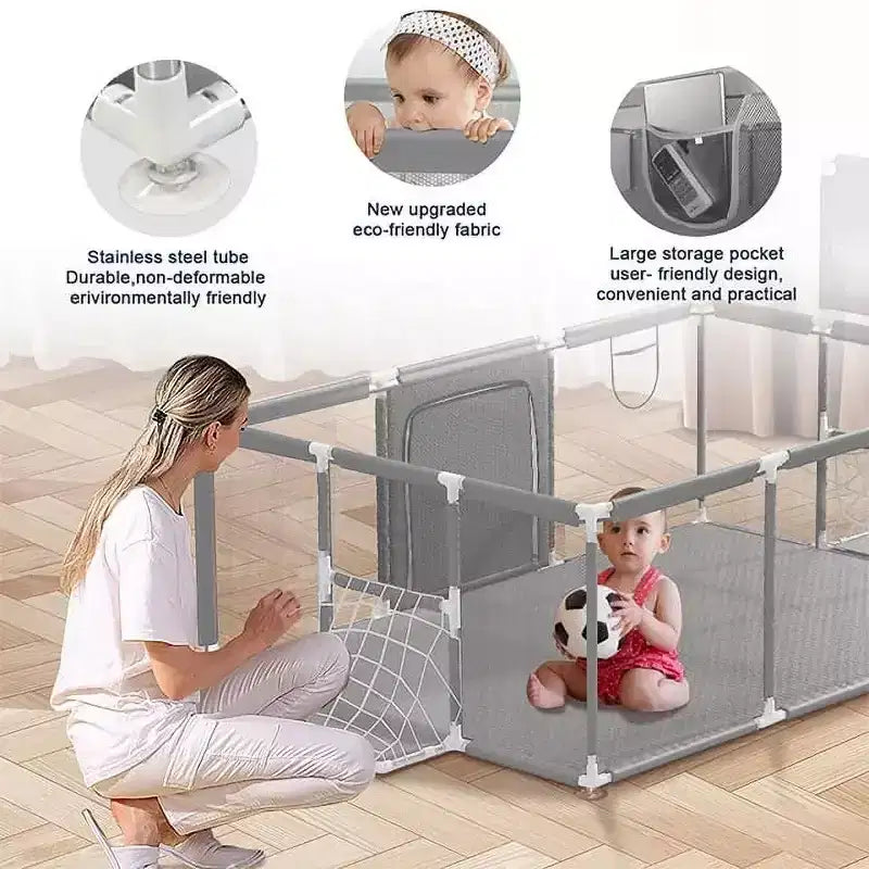 GOTGELIF Parque de juegos portátil de 4 paneles para bebés de 71x48 con canasta de baloncesto