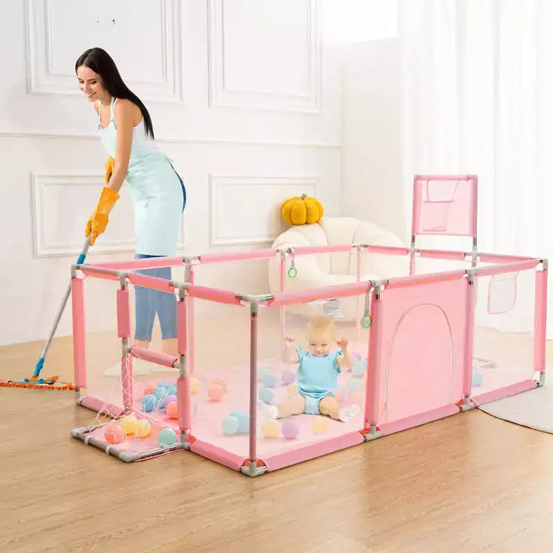 GOTGELIF Parque de juegos portátil de 4 paneles para bebés de 71x48 con canasta de baloncesto
