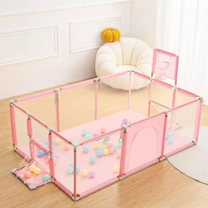 GOTGELIF Parque de juegos portátil de 4 paneles para bebés de 71x48 con canasta de baloncesto