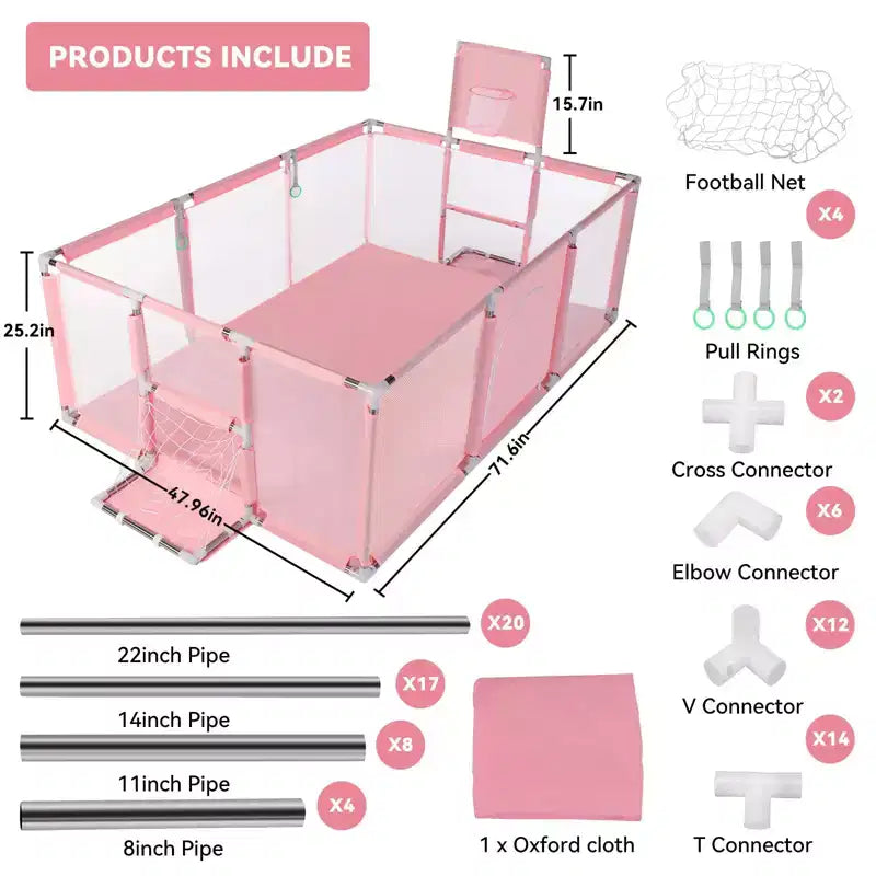 GOTGELIF Parque de juegos portátil de 4 paneles para bebés de 71x48 con canasta de baloncesto