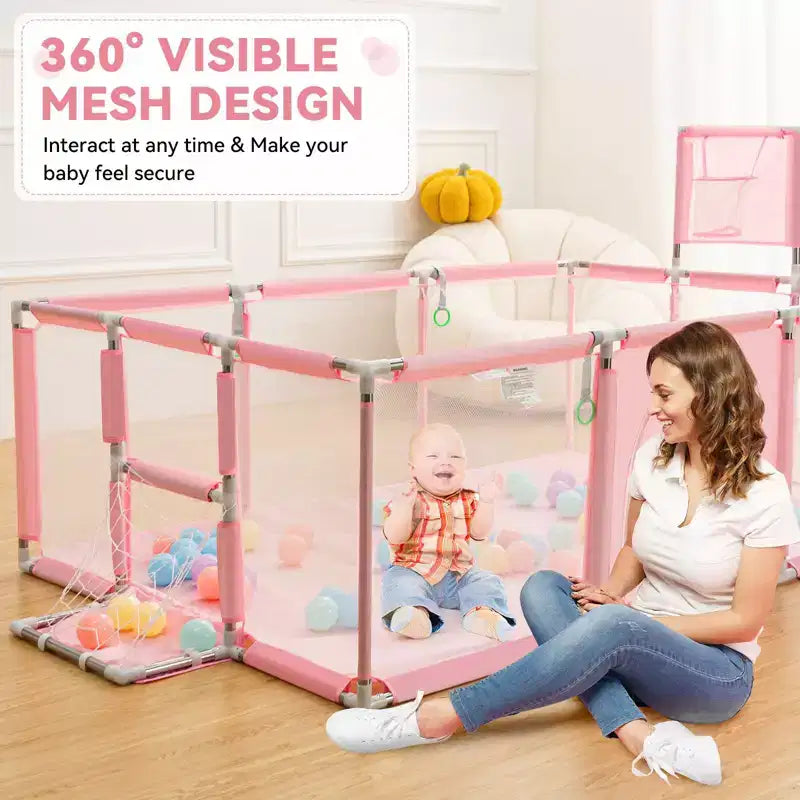 GOTGELIF Parque de juegos portátil de 4 paneles para bebés de 71x48 con canasta de baloncesto