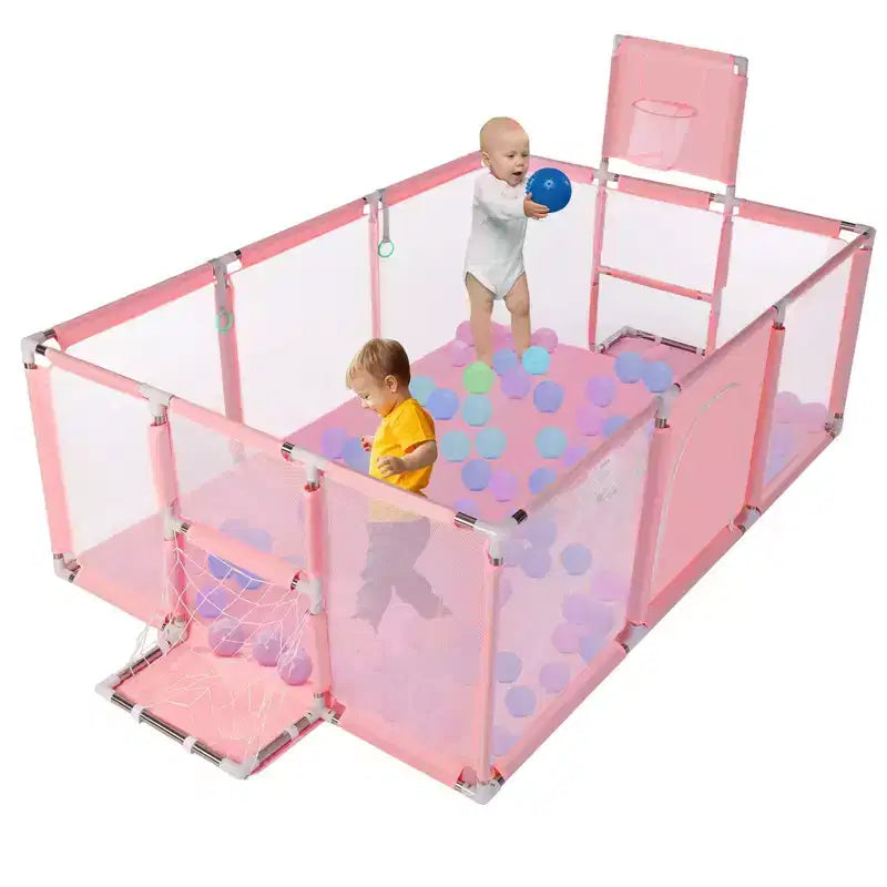 GOTGELIF Parque de juegos portátil de 4 paneles para bebés de 71x48 con canasta de baloncesto