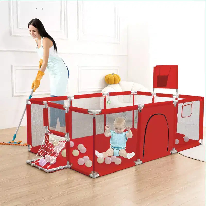 GOTGELIF Parque de juegos portátil de 4 paneles para bebés de 71x48 con canasta de baloncesto