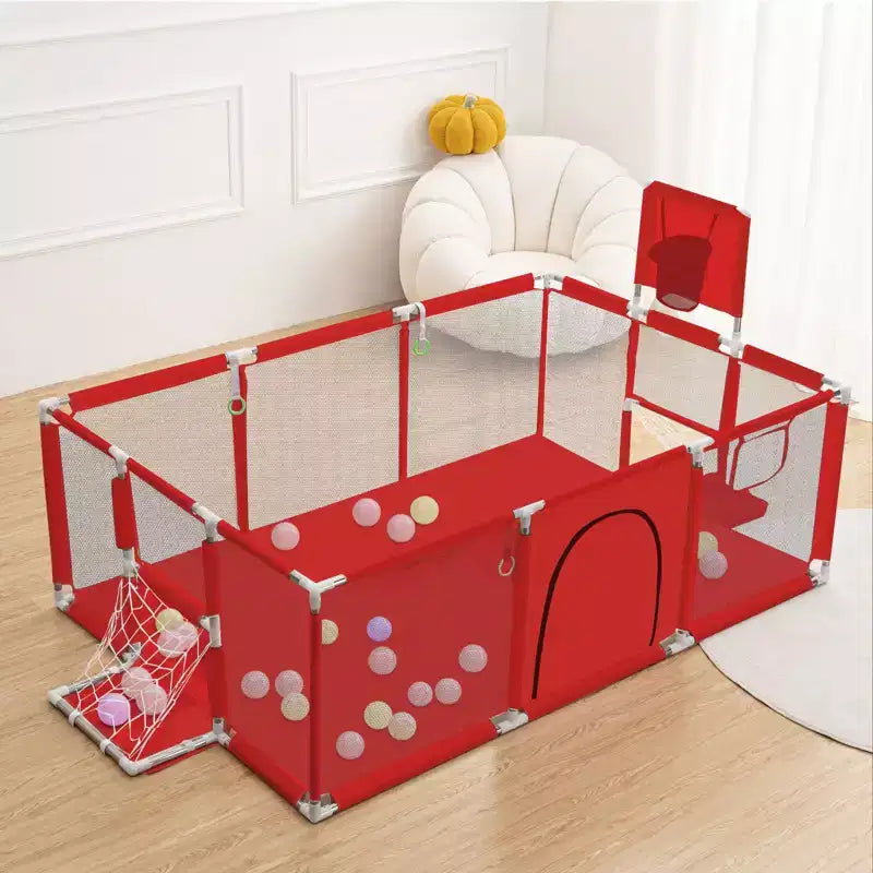 GOTGELIF Parque de juegos portátil de 4 paneles para bebés de 71x48 con canasta de baloncesto
